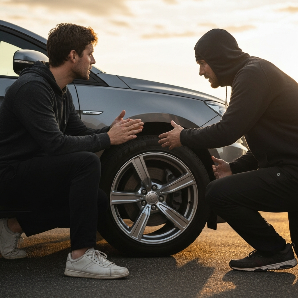 Two people, one sitting in the driver's seat and the other kneeling by the front wheel well of the car, both listening intently. The lighting is natural daylight, creating soft shadows around the wheel well.
