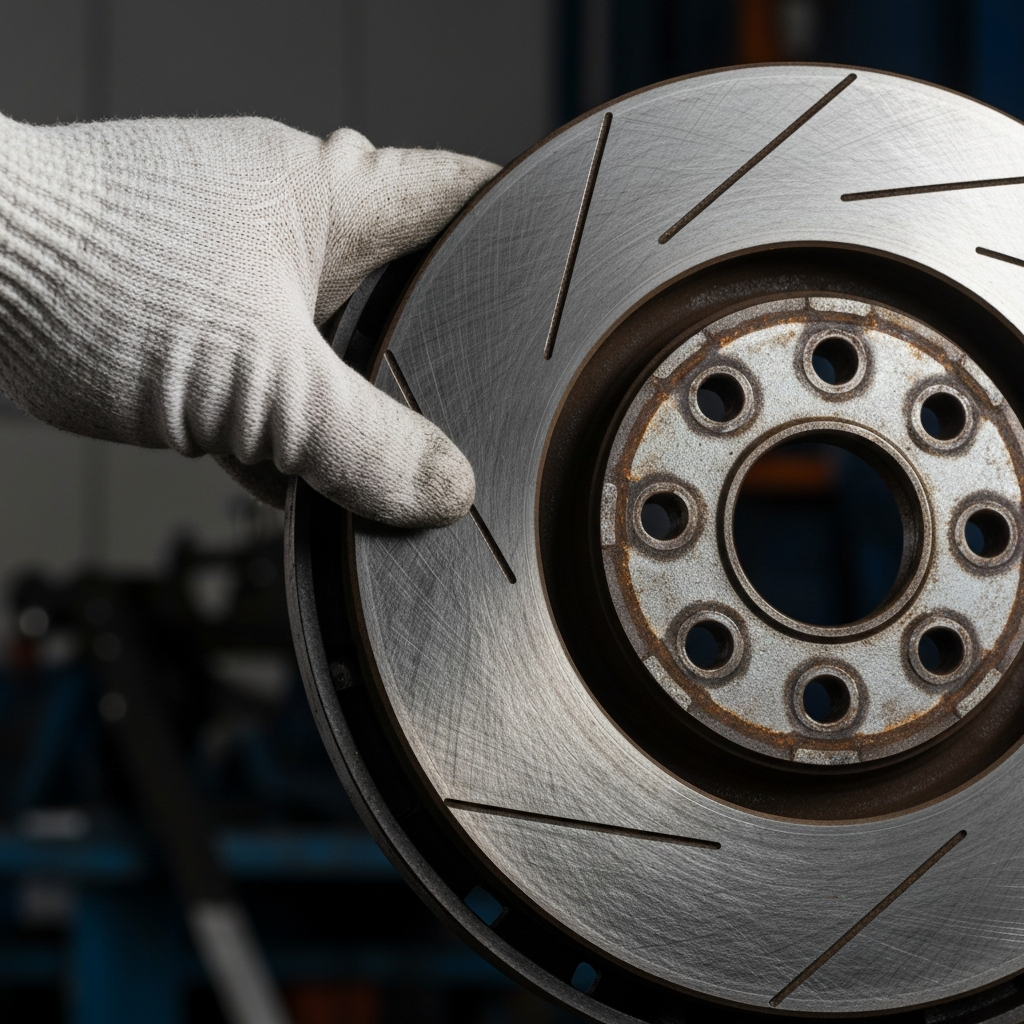 A close-up shot of a mechanic's gloved hand inspecting a brake rotor. The rotor has visible scoring and rust, side-lit to accentuate the textures.