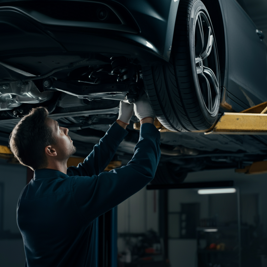 A car lifted on a hydraulic lift, with a mechanic carefully inspecting the suspension components. The undercarriage of the car is clean and well-maintained, with bright shop lighting illuminating the components.