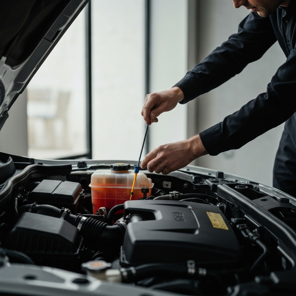 A mechanic checking the power steering fluid reservoir under the hood of a car. The engine bay is clean, and the mechanic is using a dipstick to check the fluid level. Natural light filters through the engine bay, highlighting the components.