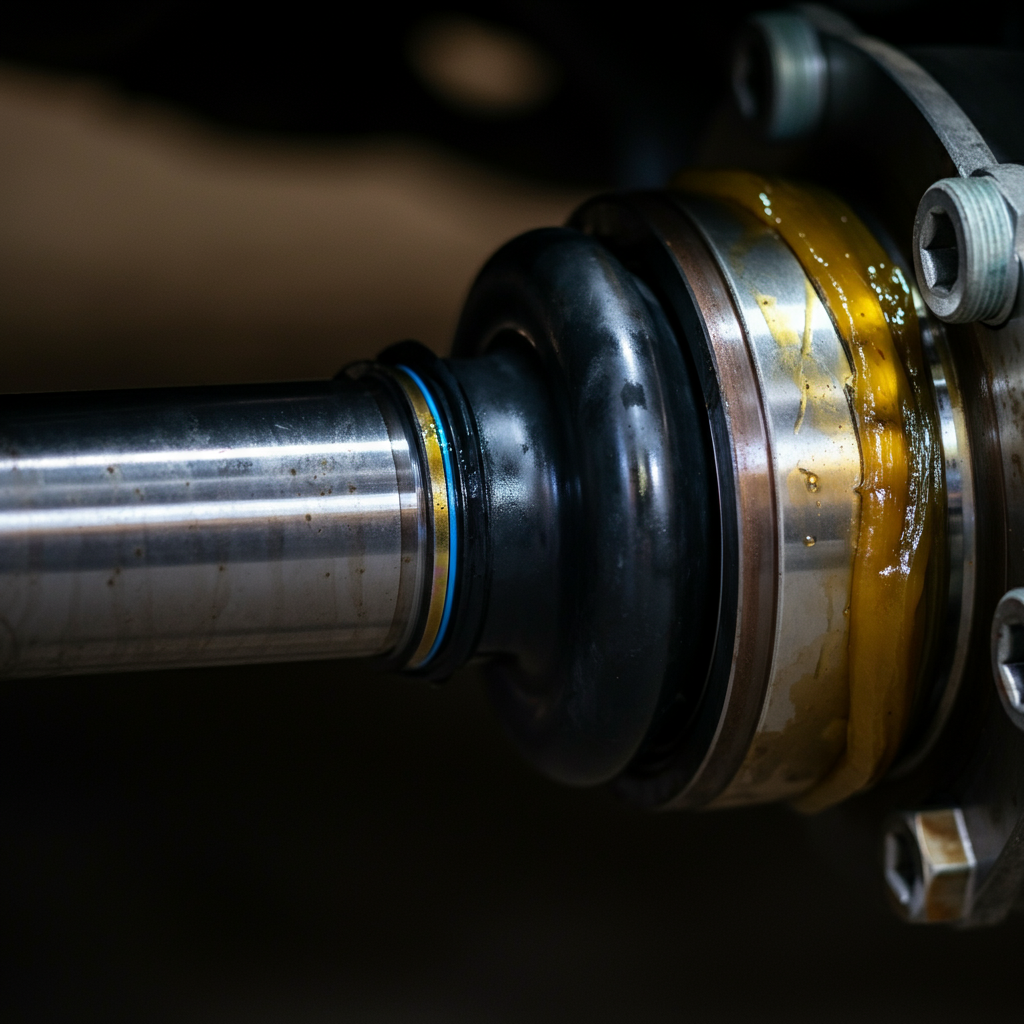 Close-up of a CV joint on a car axle. The CV joint is greased and shows signs of wear. The lighting is focused on the joint, with a soft background blur.