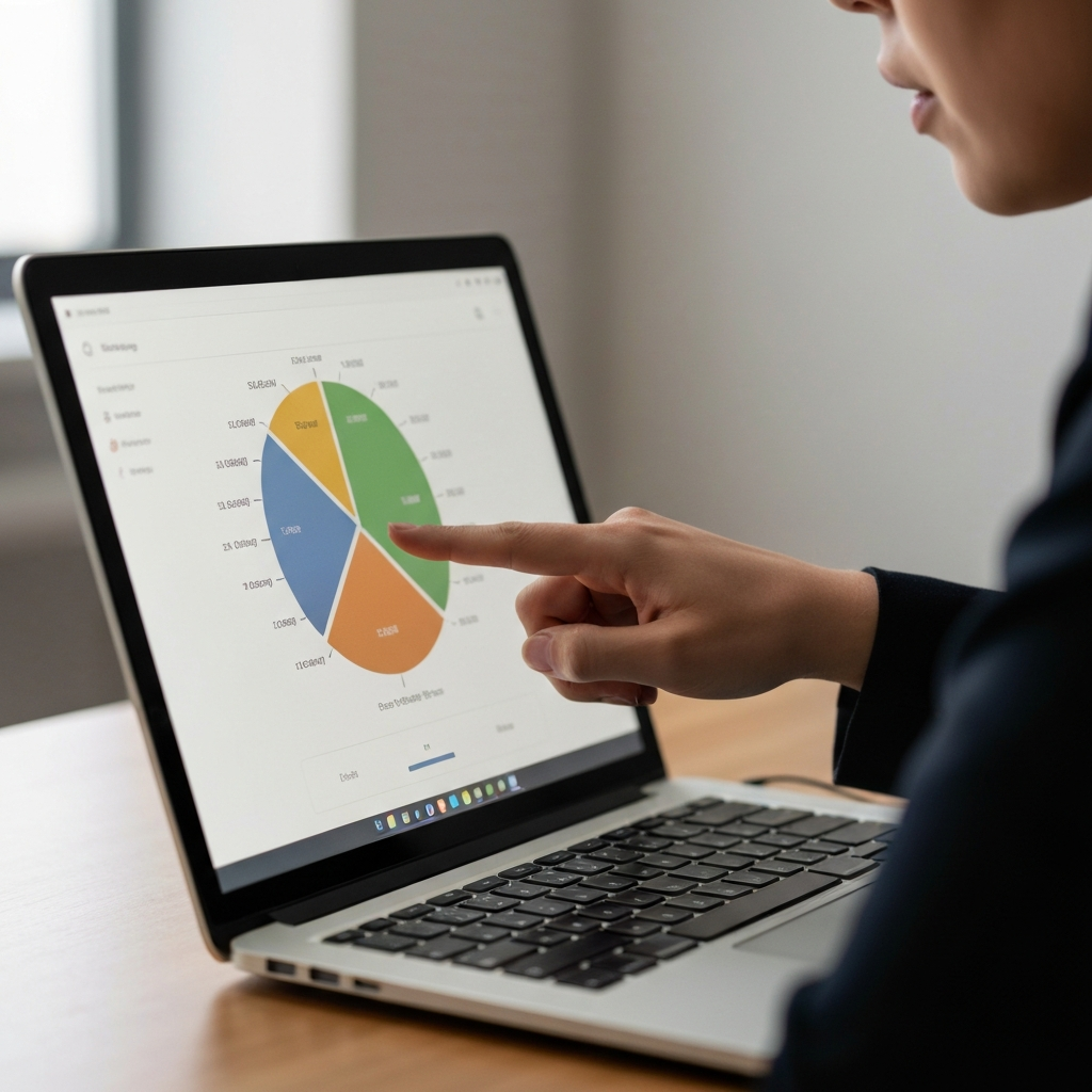 A close-up shot of a hand pointing at a pie chart displayed on a laptop screen, illustrating storage usage by file type. Soft, diffused lighting with a shallow depth of field.