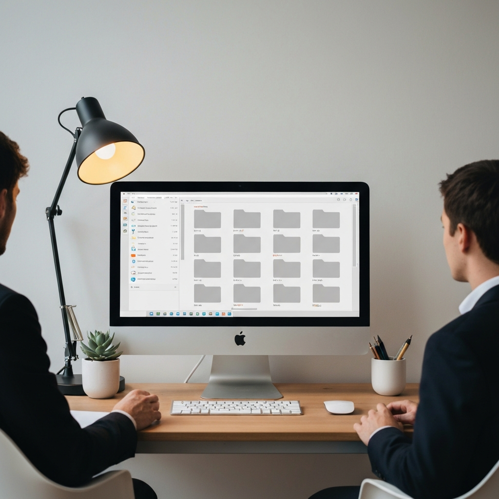 An organized desk with a desktop computer displaying a file system window, showcasing neatly arranged folders. The desk also features a stylish lamp casting a warm glow and a small succulent in a minimalist pot.