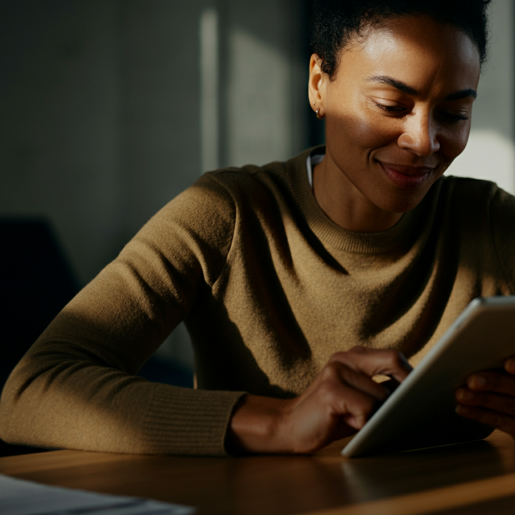 A person sitting at a desk, smiling slightly as they archive an email on their tablet. Natural light from a window illuminates their face, and the background is a blurred office environment.