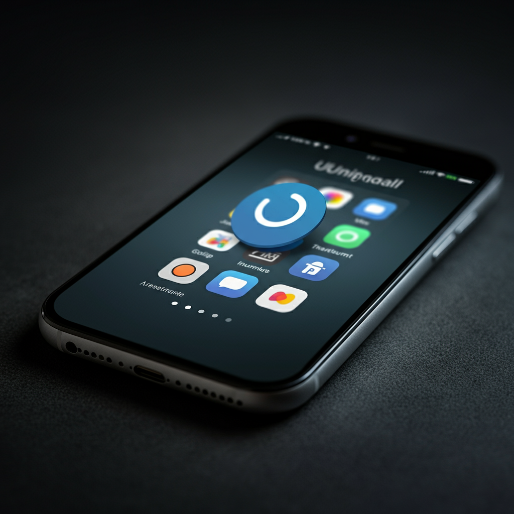 A smartphone displaying a grid of app icons, with one app being dragged towards the uninstall icon. The background is a neutral, slightly blurred, texture.