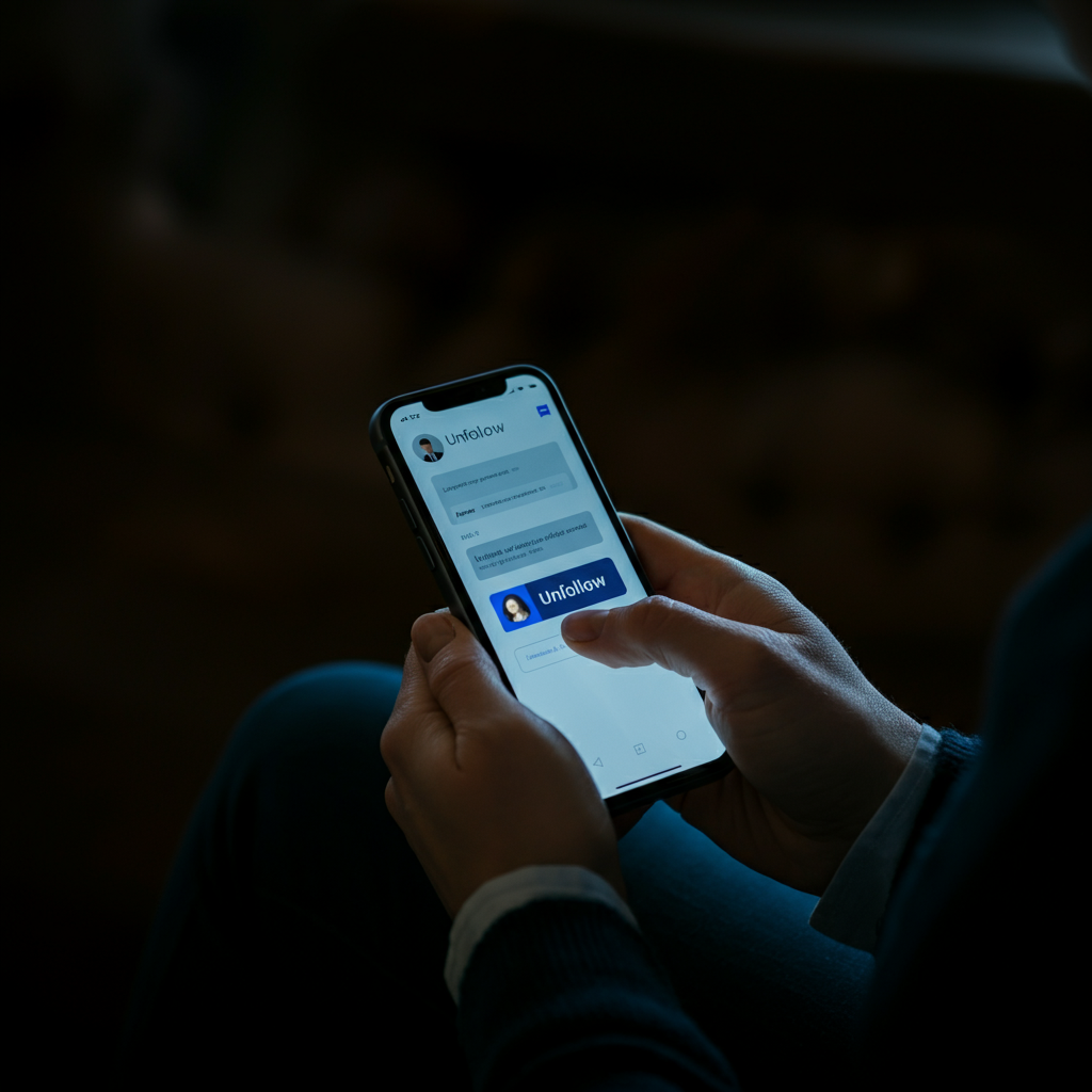 A person's hands holding a smartphone, with their thumb hovering over the "Unfollow" button on a social media profile. The screen's light illuminates their fingers.