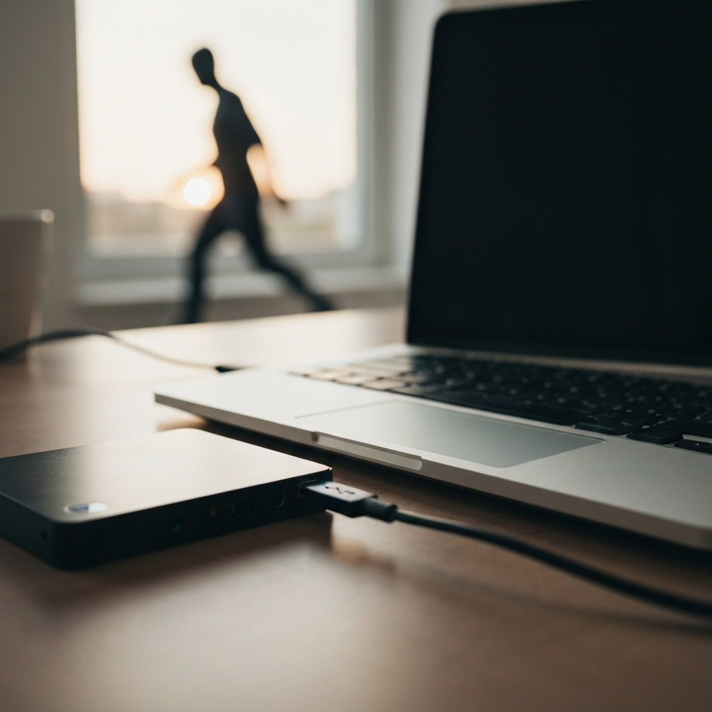 An external hard drive resting on a desk next to a laptop, both connected with a USB cable. Soft, ambient lighting with a shallow depth of field.