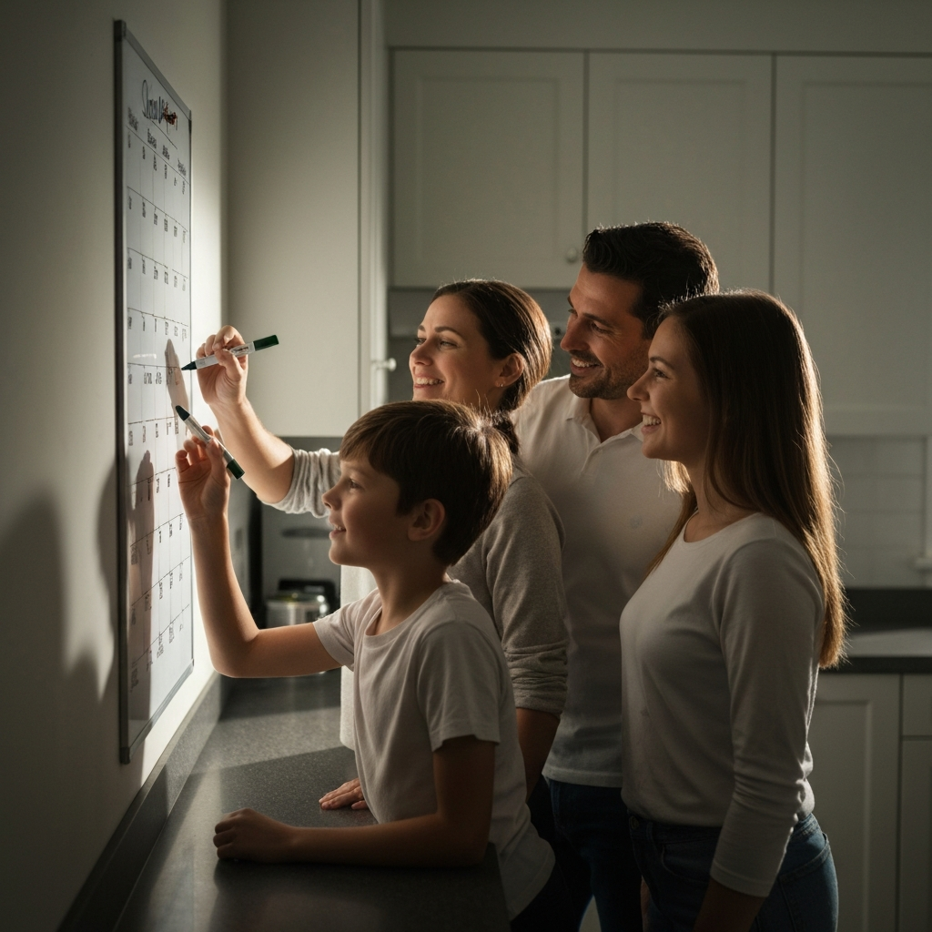 A brightly lit kitchen. A family – mother, father, and two children – are gathered around a whiteboard calendar, adding events with colorful markers. Soft morning light streams through the window, casting gentle shadows on their smiling faces.