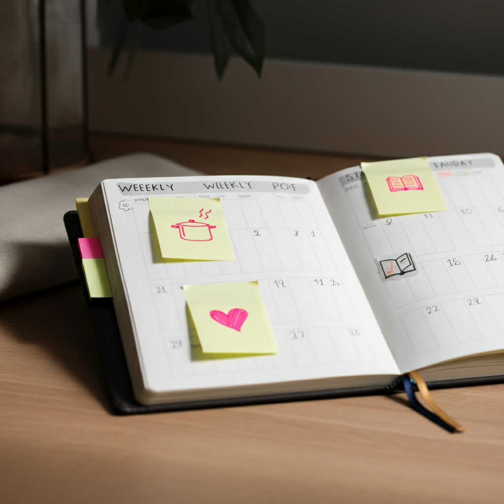 A close-up shot of a weekly planner spread open on a desk. Colorful sticky notes mark different activities with icons: a cooking pot for meal prep, a book for homework, and a heart for family time. The planner has a slightly worn texture, suggesting regular use.