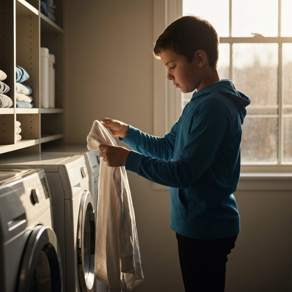 A side-lit scene of a child, approximately 8 years old, carefully folding laundry in a neatly organized laundry room. Sunlight streams in through a window, illuminating the textures of the freshly washed clothes. The child wears a focused expression.