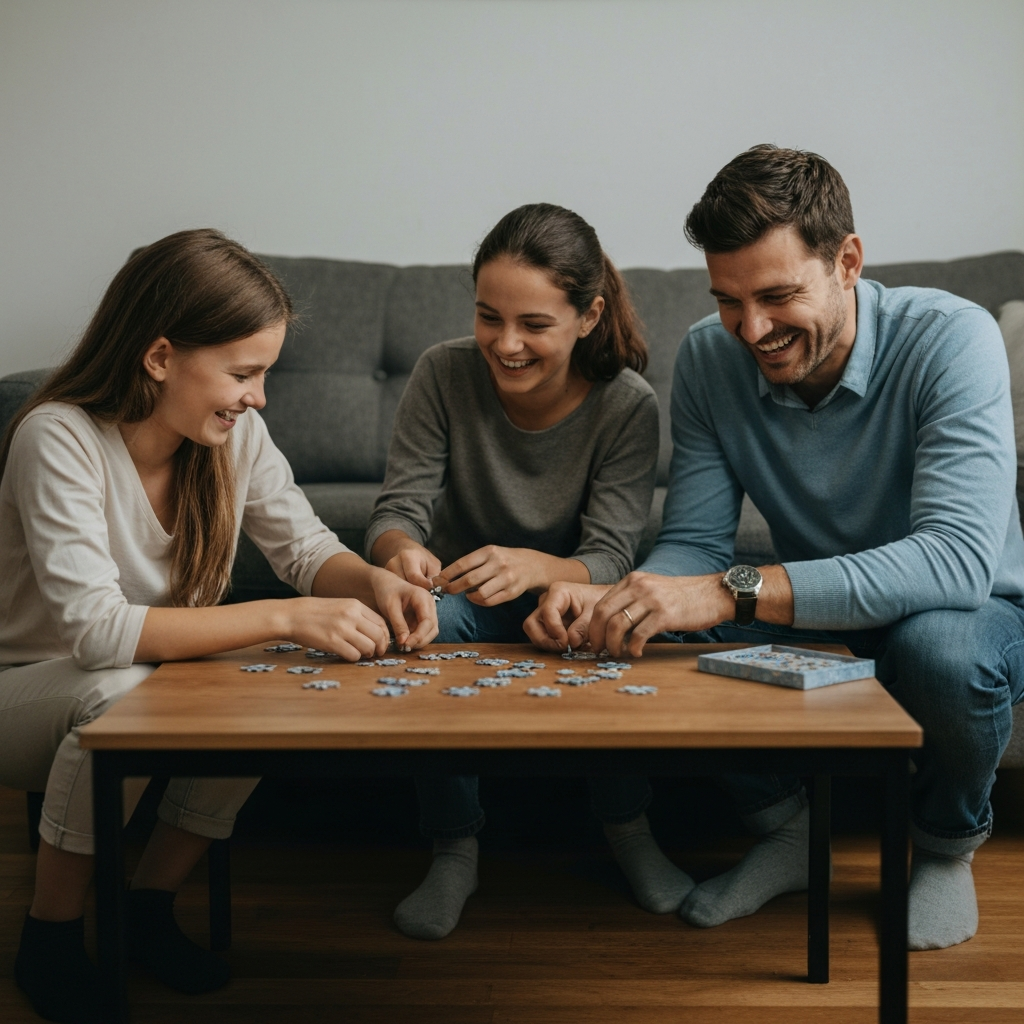 A family is gathered in their living room, laughing together as they try to assemble a puzzle. The puzzle pieces are scattered on the coffee table, and the scene is filled with lighthearted energy. The textures of the wooden floor and the comfortable furniture add warmth to the composition.