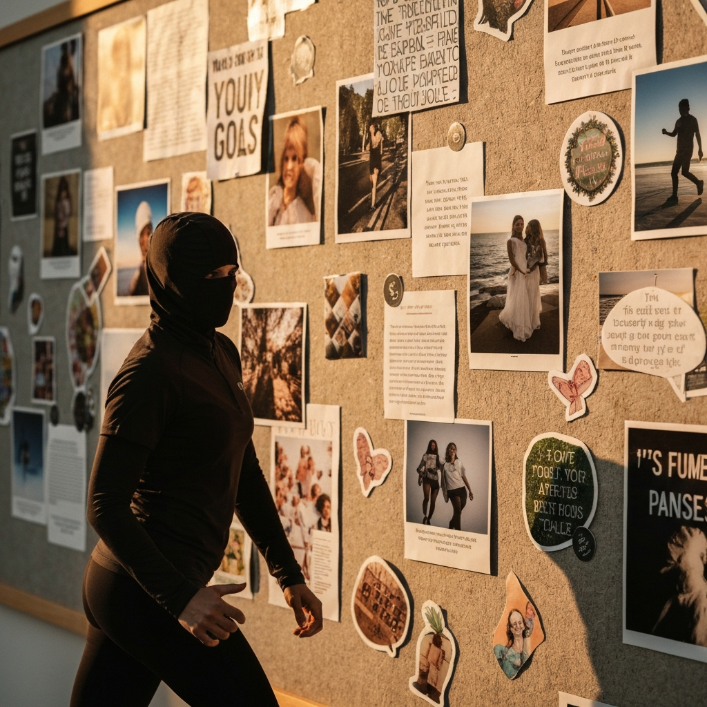 A close-up of a vision board filled with vibrant images, inspiring quotes, and handwritten goals. The board has a textured background and is adorned with elements like photographs, magazine cutouts, and decorative stickers, reflecting a sense of creativity and shared purpose.