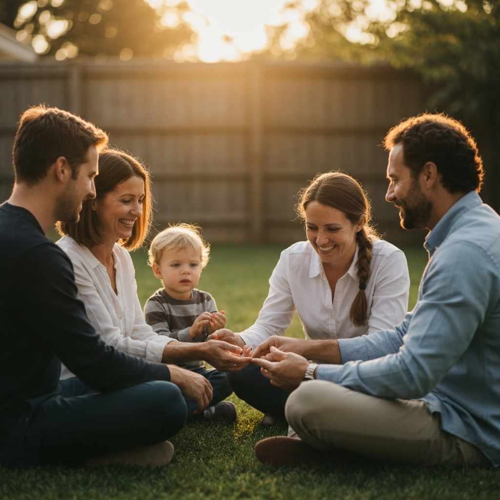 A family is shown in a golden-hour lit backyard. They are sitting in a circle, each taking turns to share something they are grateful for. Their faces reflect contentment and joy, creating a warm and intimate atmosphere.