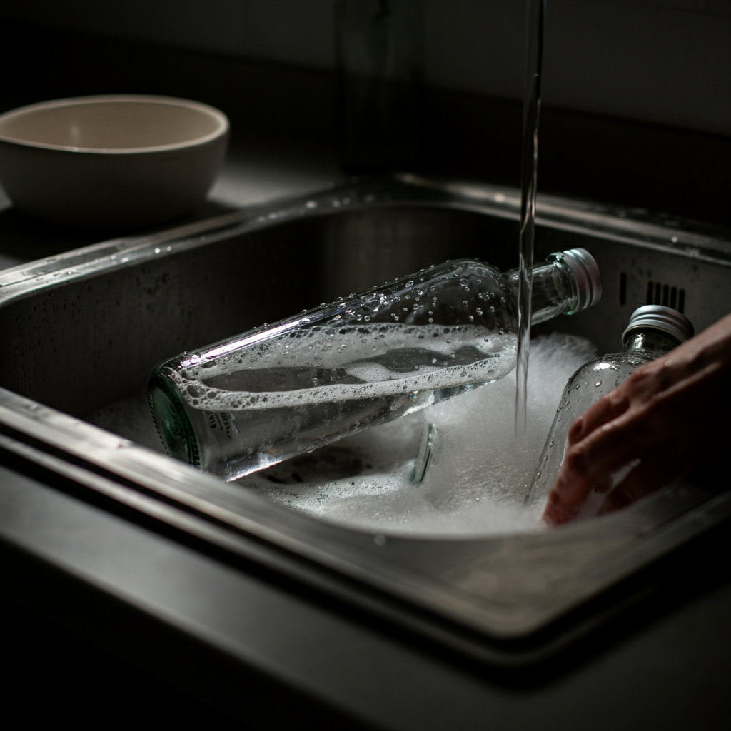 A close-up shot of clear glass bottles being soaked in a stainless steel sink filled with soapy water. Soft light reflects off the water surface, and the camera focuses on the delicate bubbles and clean lines of the glass.