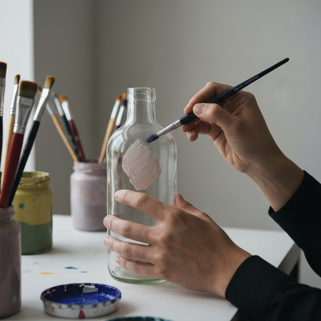 An artist's hands carefully painting a glass bottle with a brush. The lighting is soft and diffused, highlighting the texture of the paint on the glass surface. Various paint colors and brushes are visible in the background, creating a creative atmosphere.