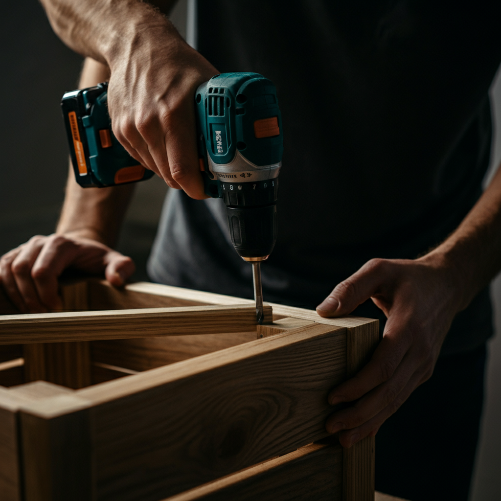 A close-up view of hands assembling a wooden planter box, using a drill to secure the planks together. The wood grain is visible, and the lighting is soft and natural, highlighting the craftsmanship of the project.