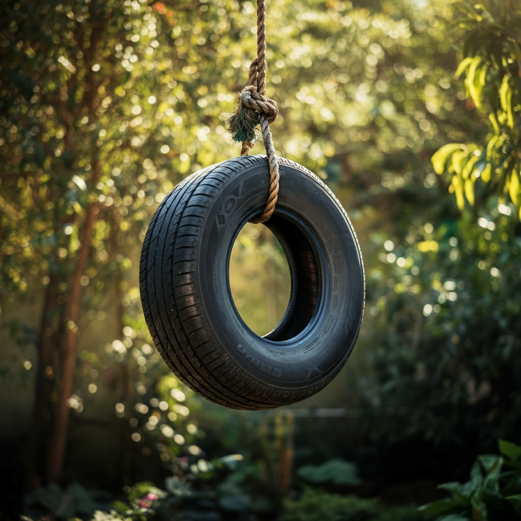 A used tire suspended from a thick rope in a sun-drenched garden. The tire is clean and painted a vibrant color. The background features lush greenery and a blurred, bokeh effect.
