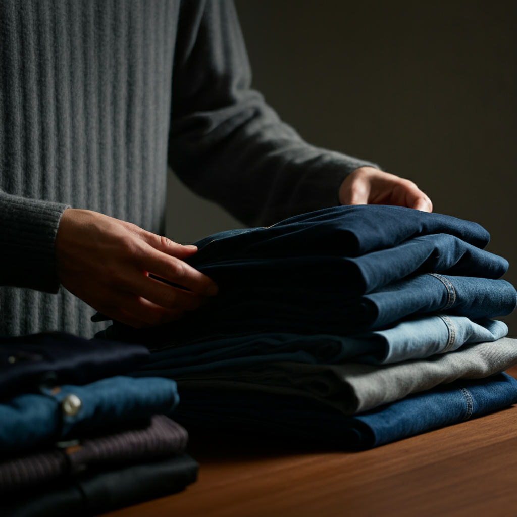 Close up shot of a person's hands sorting through a pile of folded clothing on a well-lit table. The lighting is soft and diffused, highlighting the textures of different fabrics like denim, cotton, and linen.