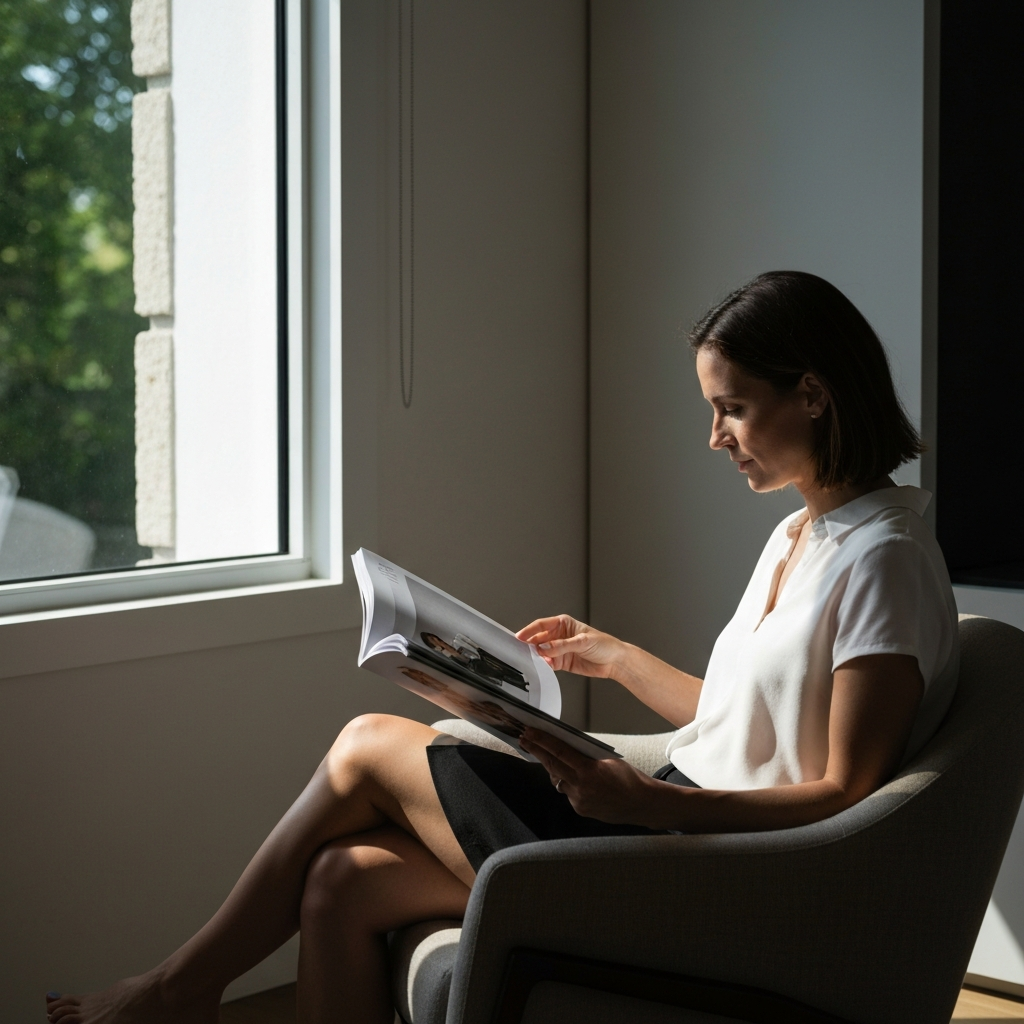 A woman sitting comfortably on a stylish armchair, flipping through a fashion magazine. Natural light streams in from a nearby window, casting soft shadows on the page. She's wearing a simple, elegant outfit, reflecting a minimalist aesthetic.