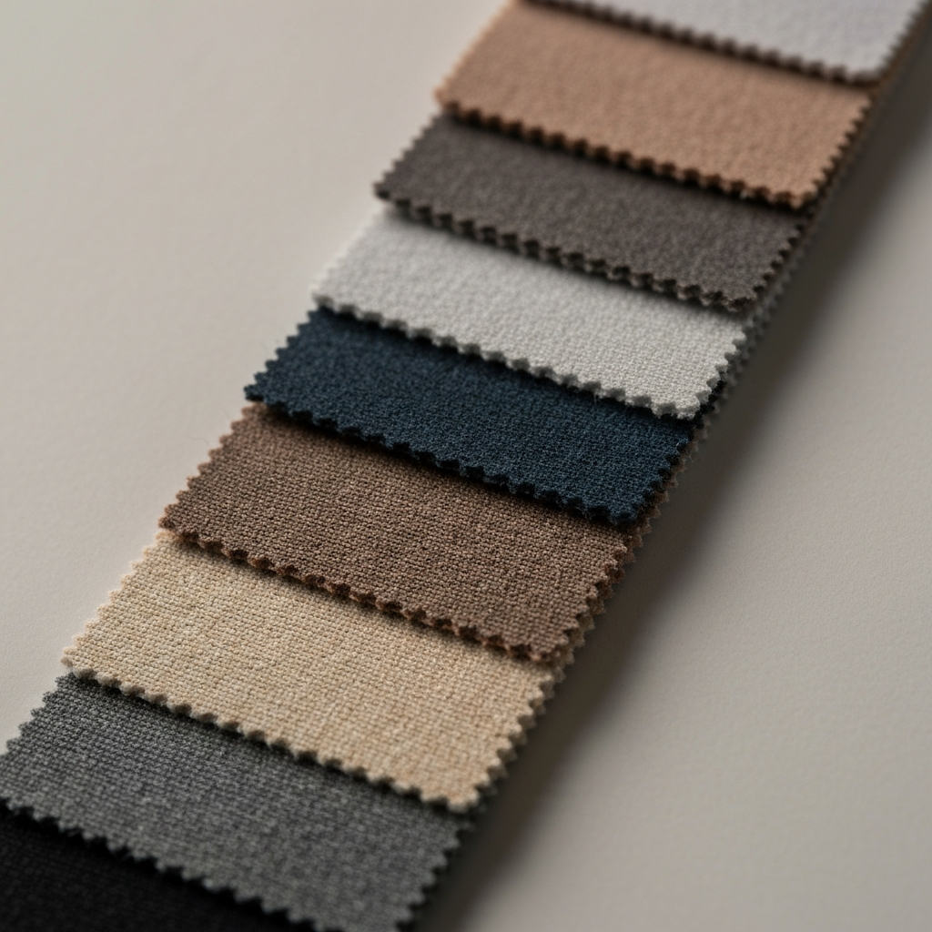 A close-up shot of a fabric swatch card displaying a harmonious collection of neutral and complementary colors. The lighting is bright and even, allowing the viewer to clearly see the subtle variations in tone and texture.