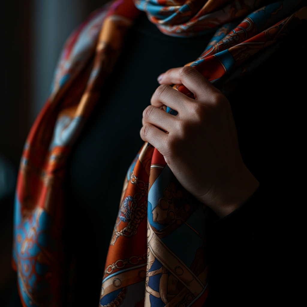 A detail shot of a stylish woman's hand holding a vibrant, patterned silk scarf. The scarf is folded to reveal a mix of rich colors and intricate designs. The background is blurred, focusing attention on the scarf and the woman's elegant hand.