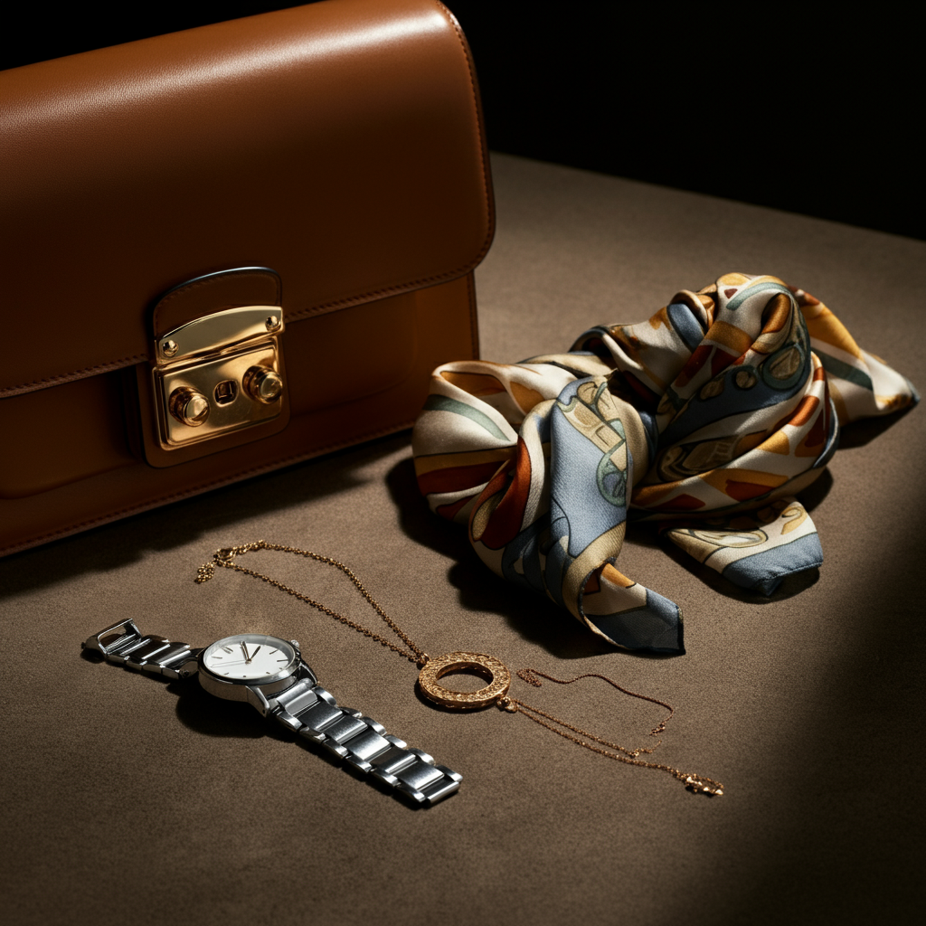 A close-up shot of a collection of carefully chosen accessories arranged on a textured surface. The accessories include a leather handbag, a silver watch, a silk scarf, and a delicate gold necklace. Soft, warm lighting highlights the details of each item, showcasing their quality and craftsmanship.