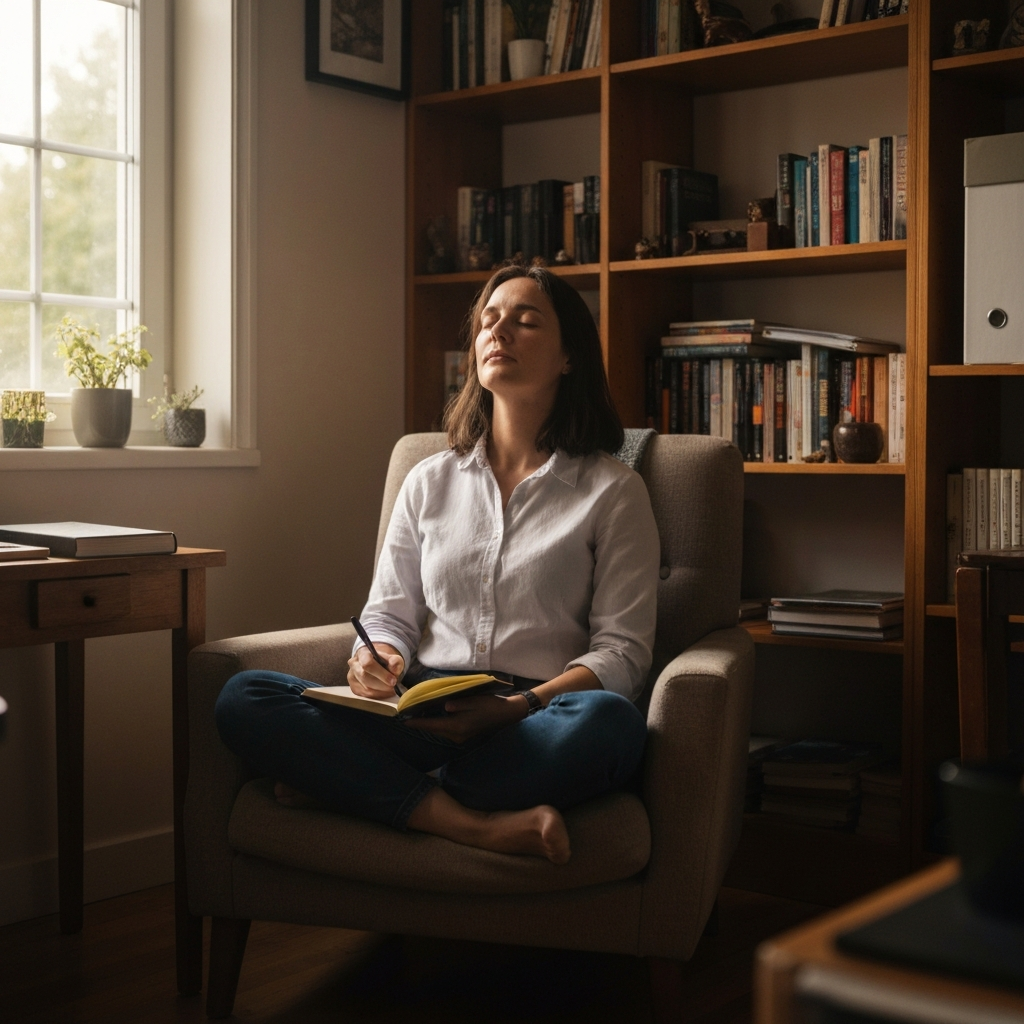 A person sitting cross-legged on a comfortable armchair in a warmly lit study, eyes closed, a journal and pen resting on their lap. Soft, natural light filters through a nearby window, illuminating dust motes in the air. The room is filled with bookshelves and personal objects, creating a sense of calm and reflection.