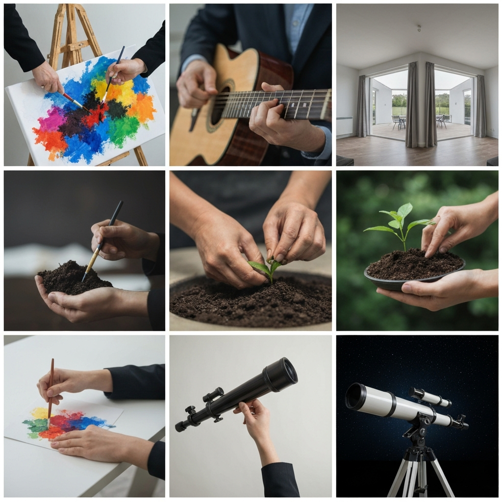 A montage of hands engaged in various activities: painting with vibrant colors on a canvas, playing a musical instrument, tending to a small garden with rich soil, and holding a telescope pointed towards the night sky. All shots are well-lit with shallow depth of field, emphasizing the hands and objects.