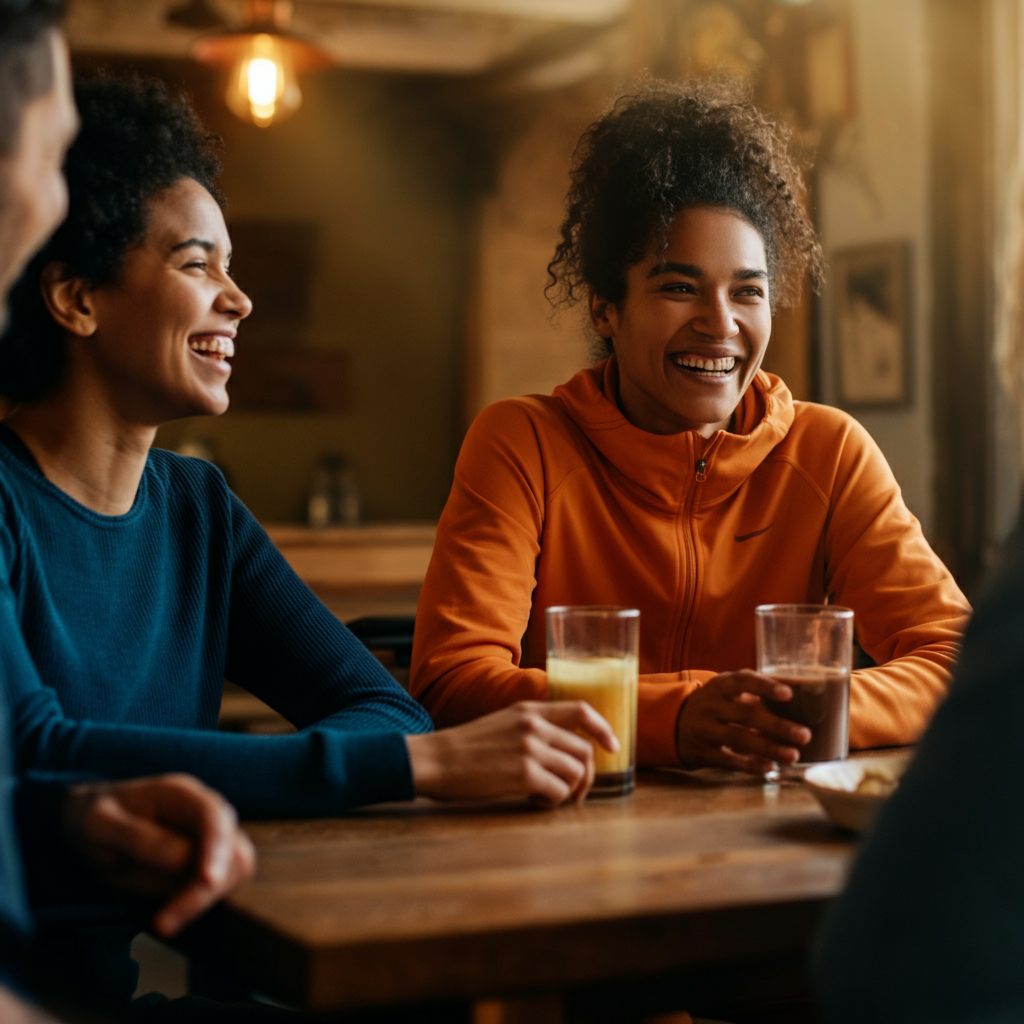 A group of diverse people sitting around a wooden table in a cozy cafe, laughing and engaged in lively conversation. Warm, diffused light illuminates their faces. The background is softly blurred, suggesting a sense of intimacy and connection.