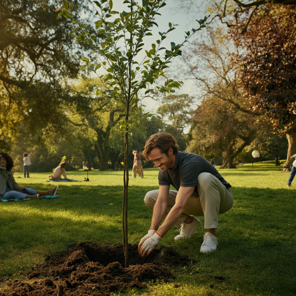 A person planting a tree in a park on a sunny day. The person is wearing casual clothes and smiling. The background is filled with lush greenery and other people enjoying the park. Golden hour lighting creates a warm and inviting atmosphere.