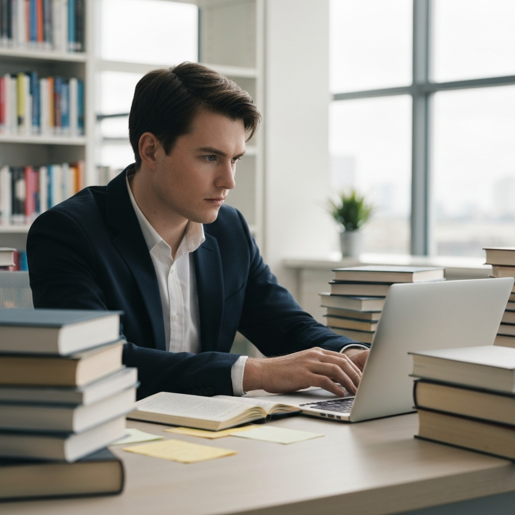 A person sitting at a desk in a bright, modern library, surrounded by stacks of books and notes. They are looking intently at a laptop screen. The scene is well-lit, with a focus on the person's face and the details of the books and notes.