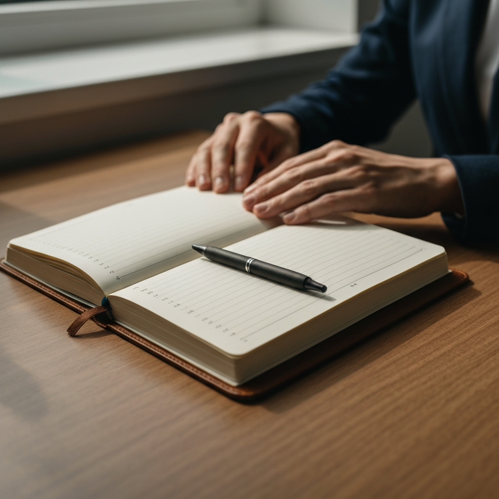 Close-up of a fitness journal lying open on a wooden desk, a pen rests on the page. Soft natural light from a nearby window illuminates the textured paper and the leather-bound cover.