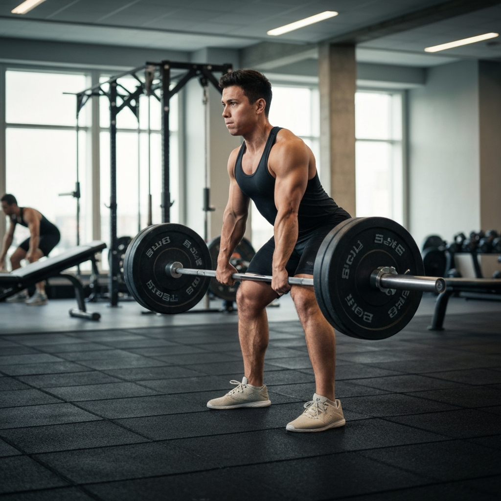 A weightlifter in a well-lit gym setting, focusing intently on lifting a barbell loaded with weights. The gym has a clean, modern design with rubber flooring. Soft bokeh in the background hides other gym-goers.
