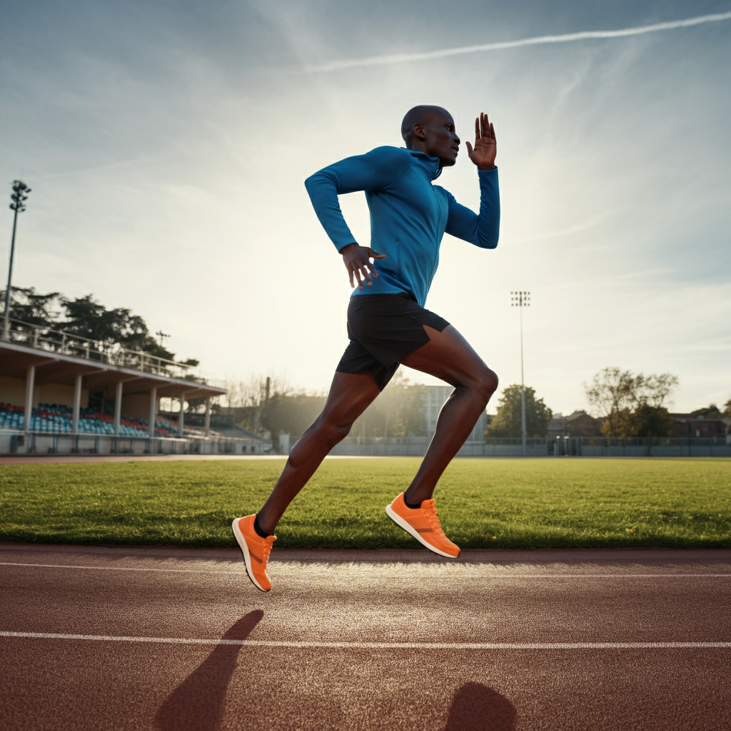 A runner, fully clothed in athletic apparel, sprinting on a track under a bright, slightly overcast sky. The focus is on the runner's determined expression and powerful stride. Minimal background detail.