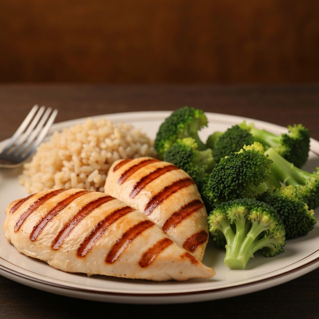 A close-up shot of a plate containing a healthy and balanced meal: grilled chicken breast, brown rice, and steamed broccoli. The lighting is warm and inviting, highlighting the textures of the food.