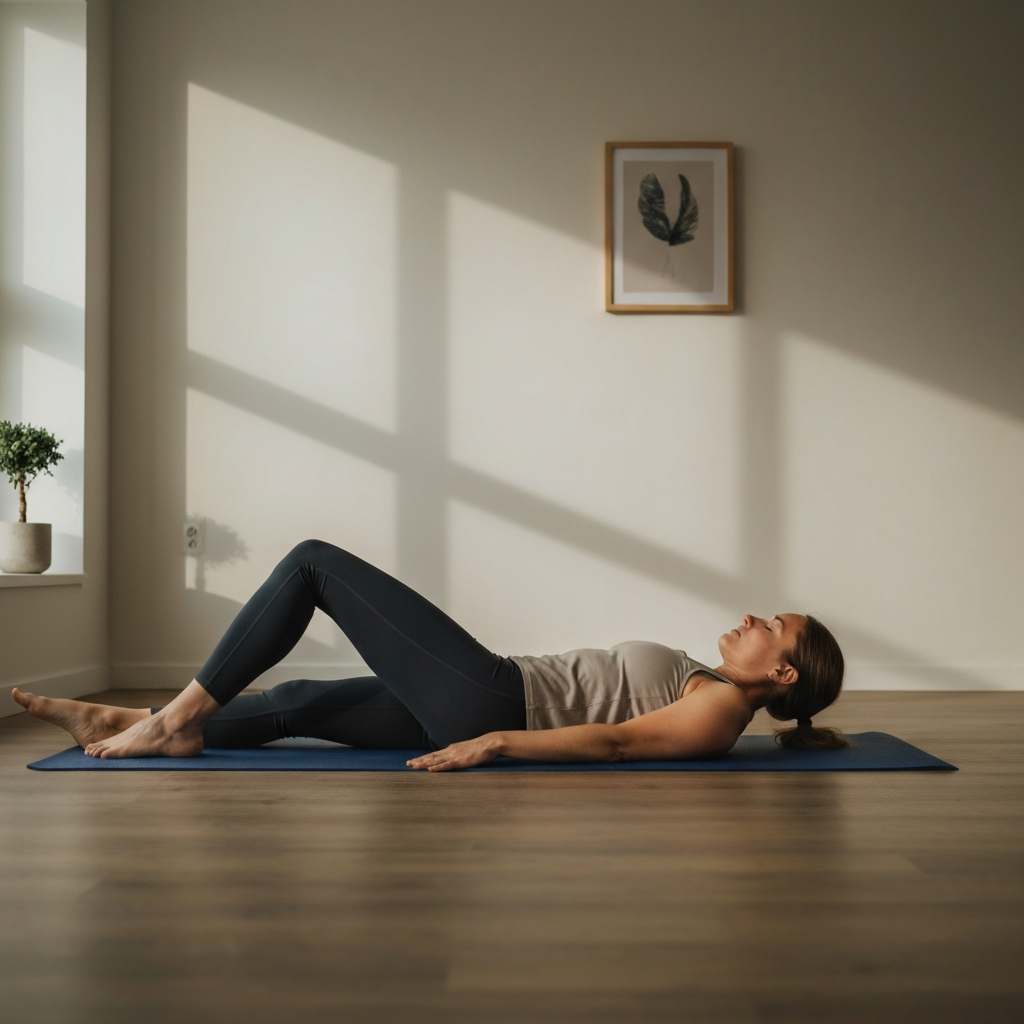 A person lying comfortably on a yoga mat in a softly lit room, engaged in light stretching. The room has minimalist decor and a calming ambiance.