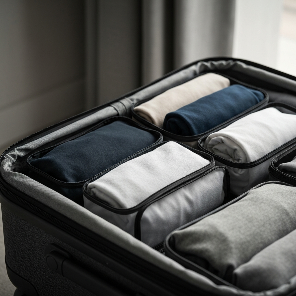 A close-up of a neatly packed suitcase. Clothes are carefully rolled and arranged in packing cubes. Soft, diffused light emphasizes the textures of the fabrics.