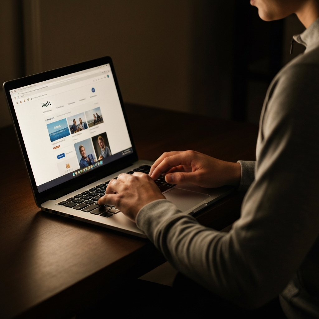 A person's hands are shown typing on a laptop, the screen displaying a flight comparison website. The room is dimly lit, with the soft glow of the screen illuminating the hands.