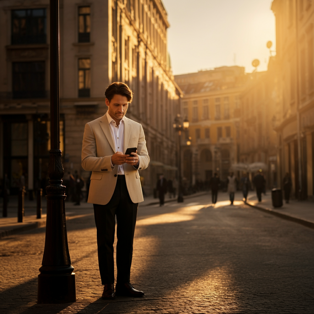 A well-dressed individual is standing in a bustling city street, consulting a smartphone. The background shows a mix of modern buildings and traditional architecture, with warm sunlight creating long shadows.