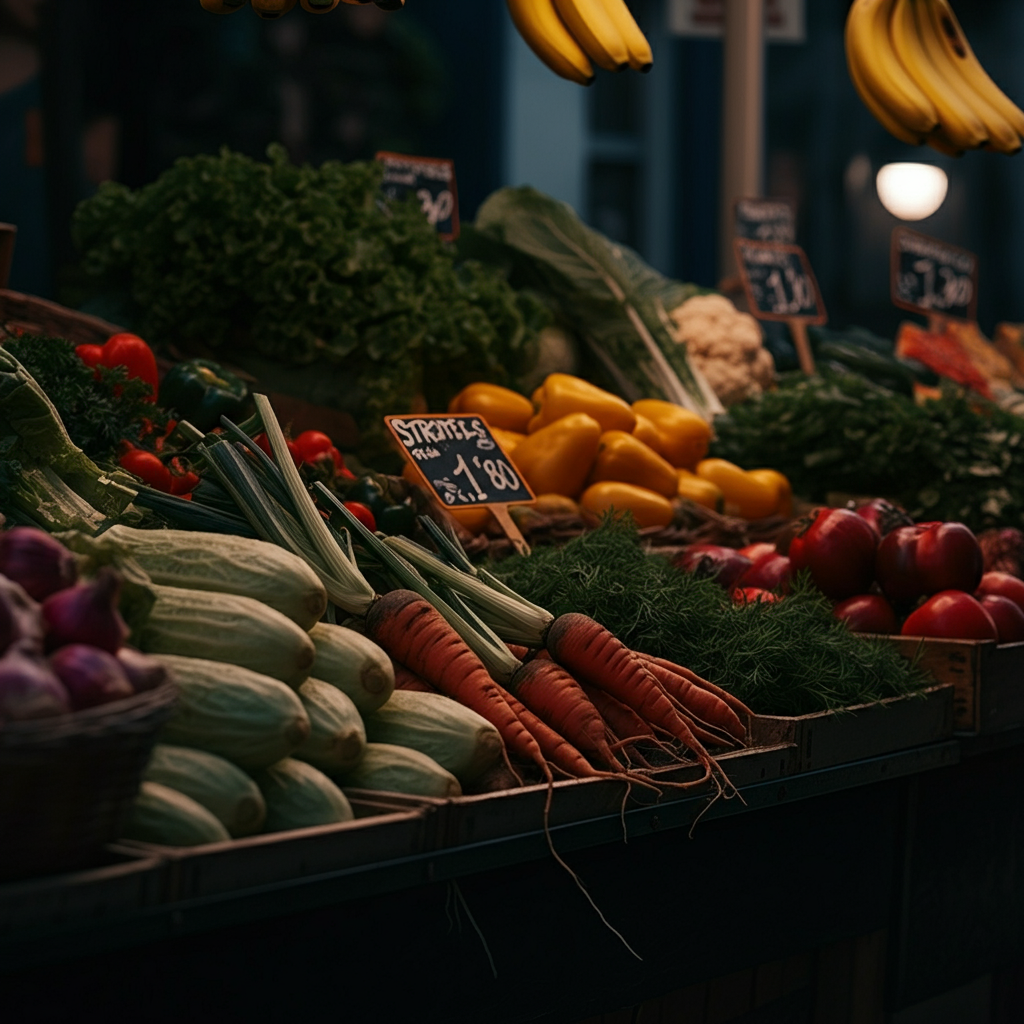 A vibrant outdoor market scene. Various food stalls are filled with colorful fruits, vegetables, and local delicacies. Soft focus on the background, highlighting the foreground produce.