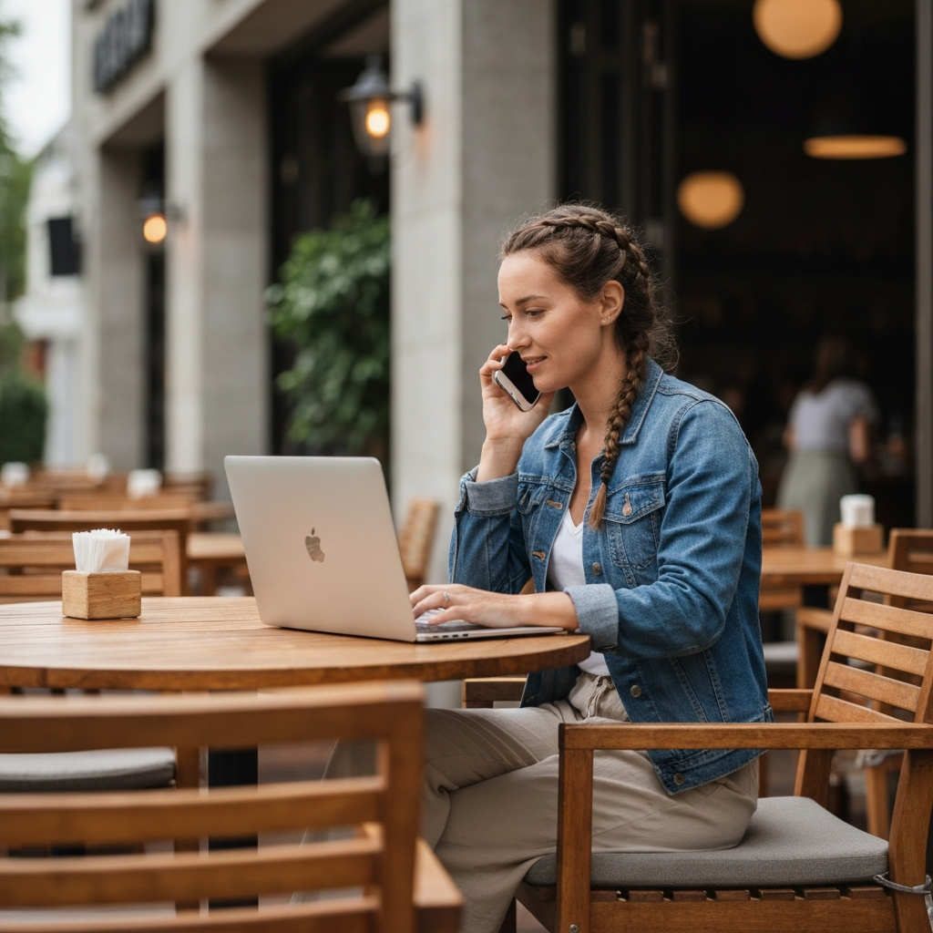 A traveler sitting at an outdoor cafe, working on a laptop and talking on a mobile phone. The cafe has a relaxed atmosphere, with soft lighting and blurred background activity.