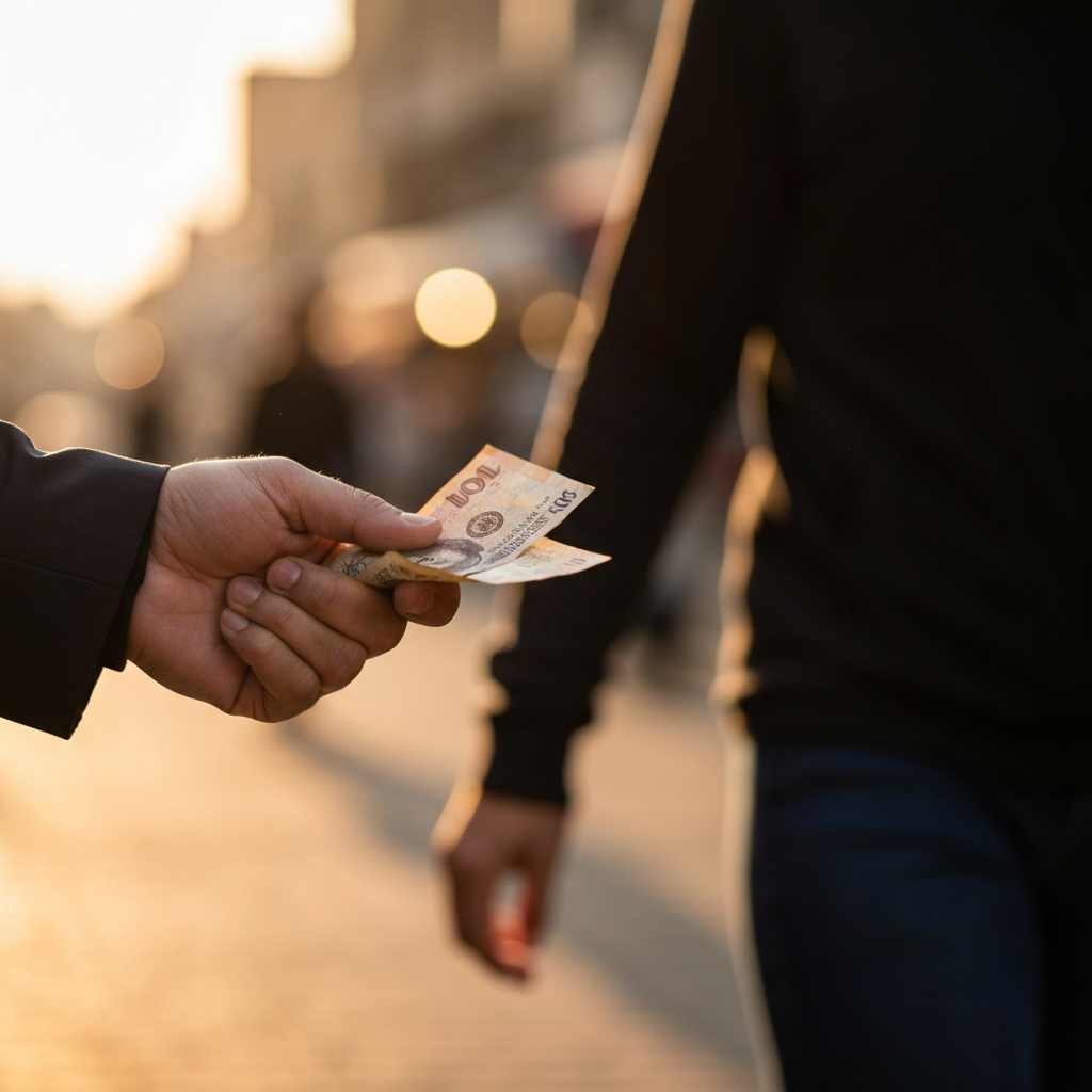 A close-up of a traveler's hand holding a foreign currency. The background is blurred, suggesting a bustling marketplace. Warm, natural light highlights the texture of the money.