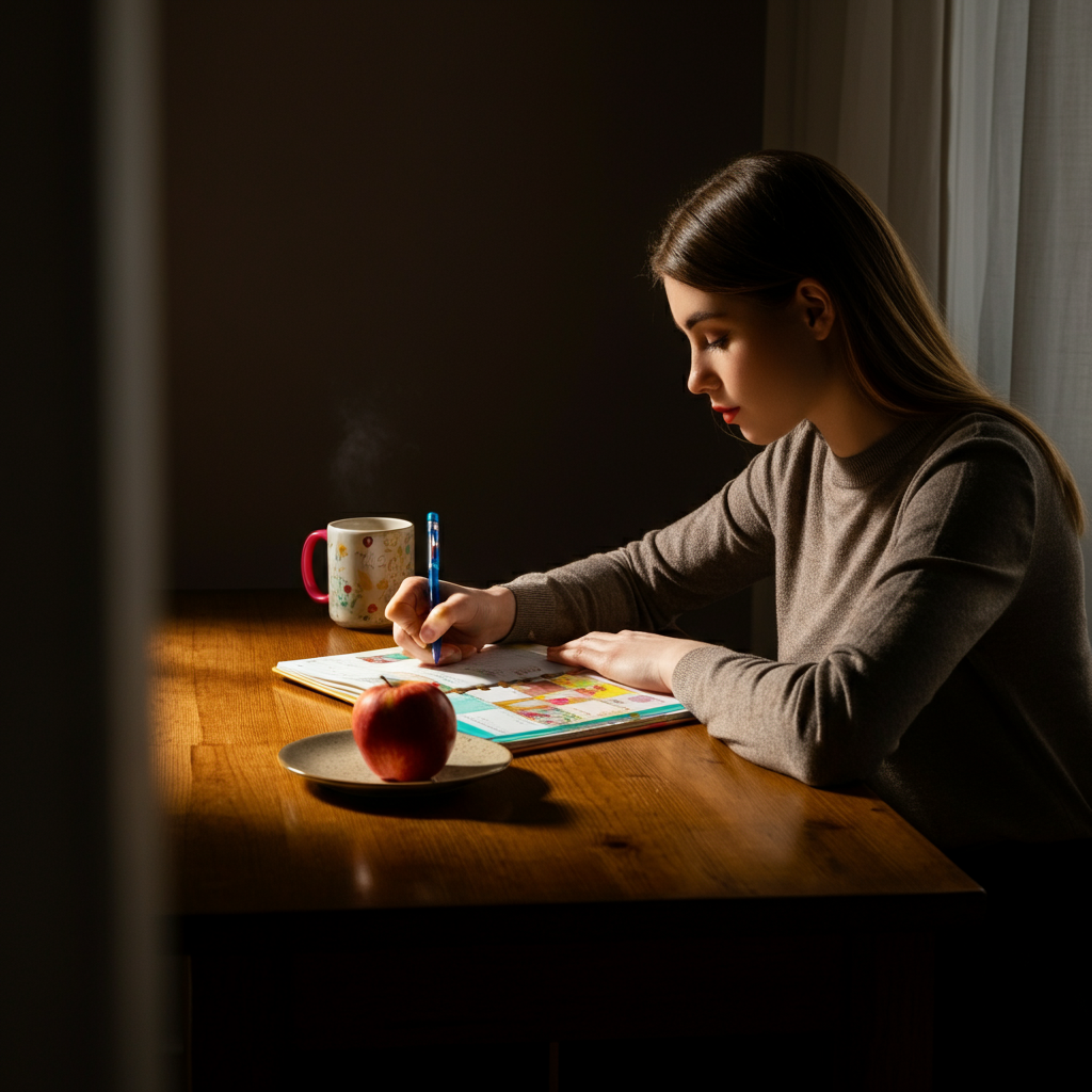 A young woman sits at a wooden desk, bathed in soft, natural light from a nearby window. She's using a colorful planner, writing in it with a focused expression. A steaming mug sits beside her, and a half-eaten apple rests on a plate. The background features soft bokeh.