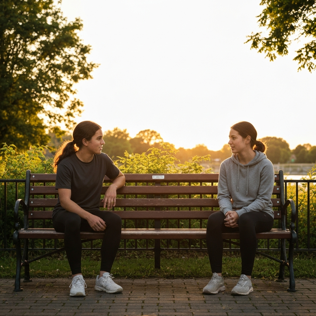 Two young people sitting on a park bench, engaged in conversation. They are facing each other with relaxed postures. The scene is bathed in golden hour lighting, creating a warm and inviting atmosphere. Lush greenery surrounds them.