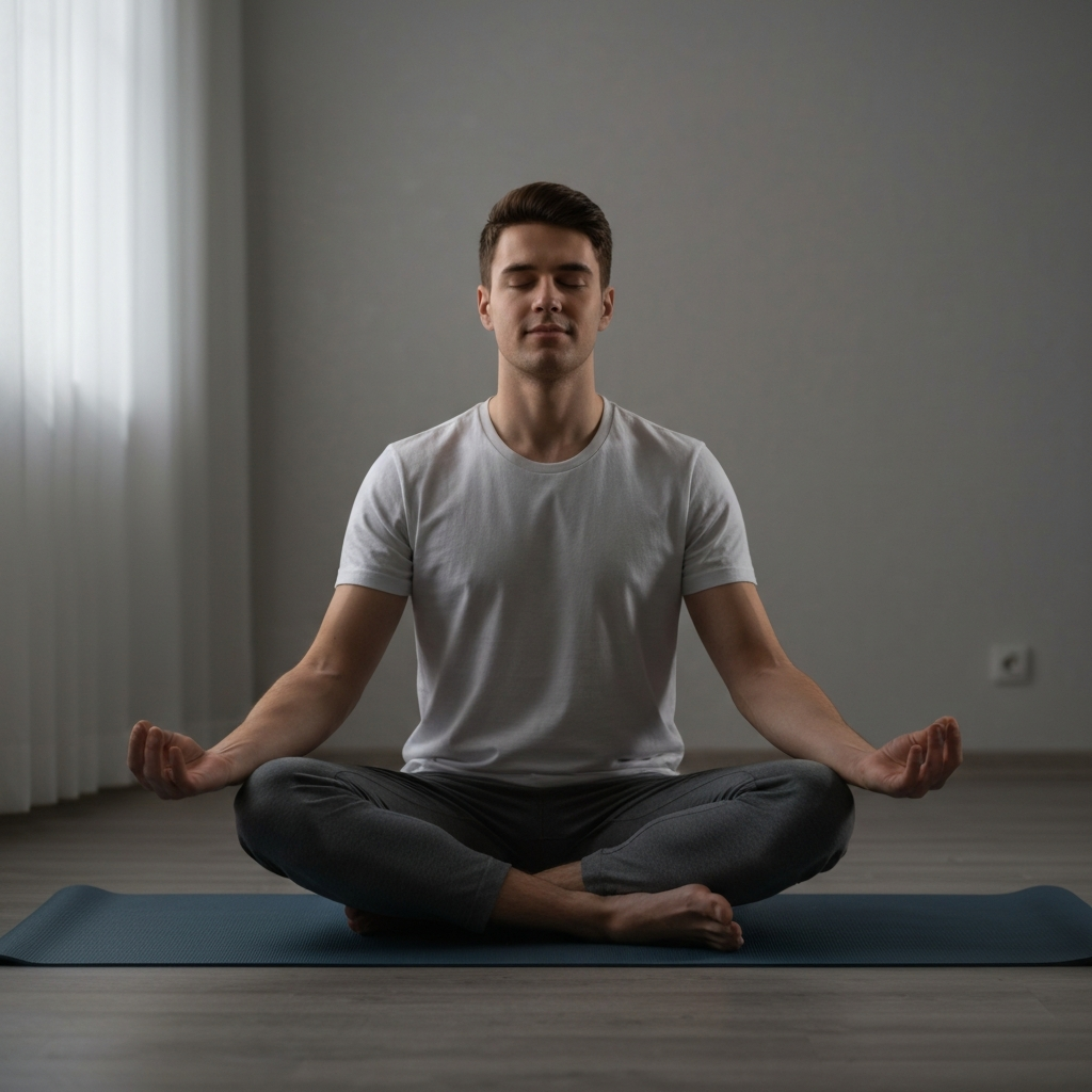 A young man sitting cross-legged on a yoga mat in a dimly lit room, practicing mindfulness. He has a peaceful expression on his face. Soft, diffused light creates a serene atmosphere. The room is minimalist and uncluttered.