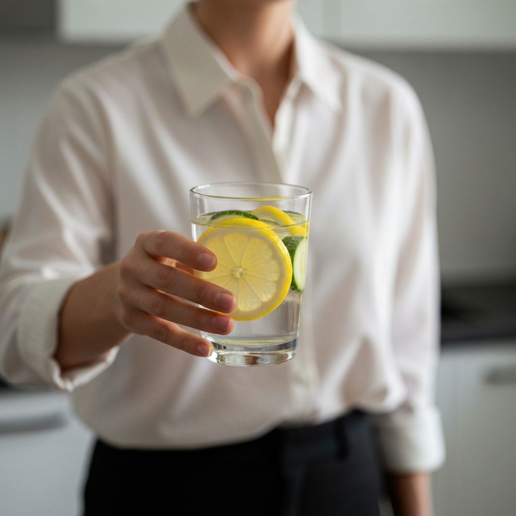 A close-up shot of a hand holding a glass of water with slices of lemon and cucumber. The background is blurred, suggesting a kitchen environment. The lighting is bright and clean.