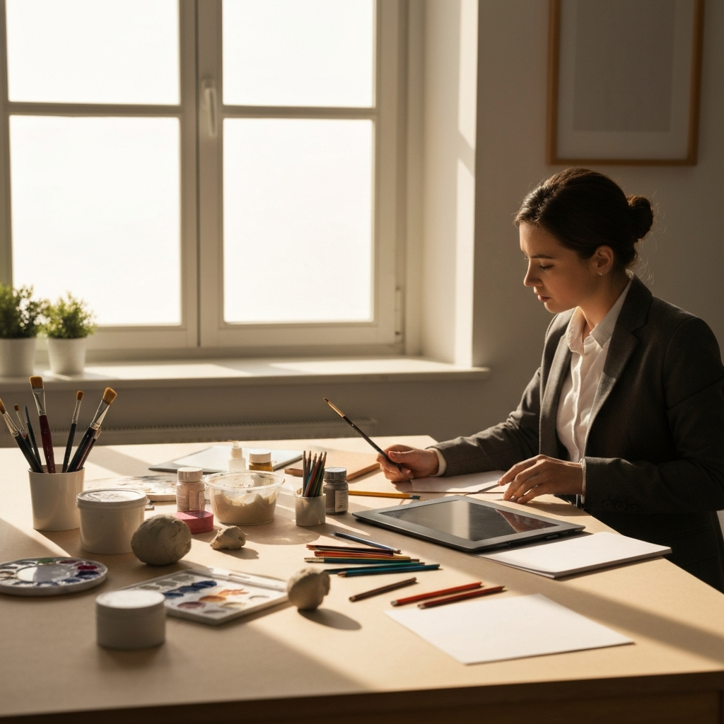 A brightly lit studio with a beginner artist surrounded by various art supplies - paints, brushes, clay, pencils, and a digital drawing tablet. Natural light streams in from a large window, casting soft shadows on the table filled with materials.