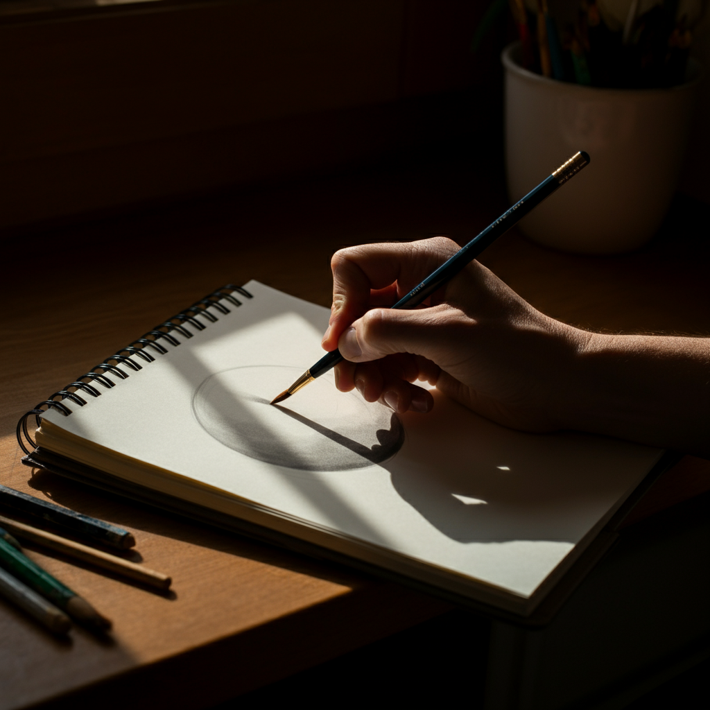 A beginner artist practicing sketching simple shapes in a sketchbook, with light streaming from a nearby window illuminating the paper. The hand is gently shading a sphere, demonstrating basic rendering techniques.