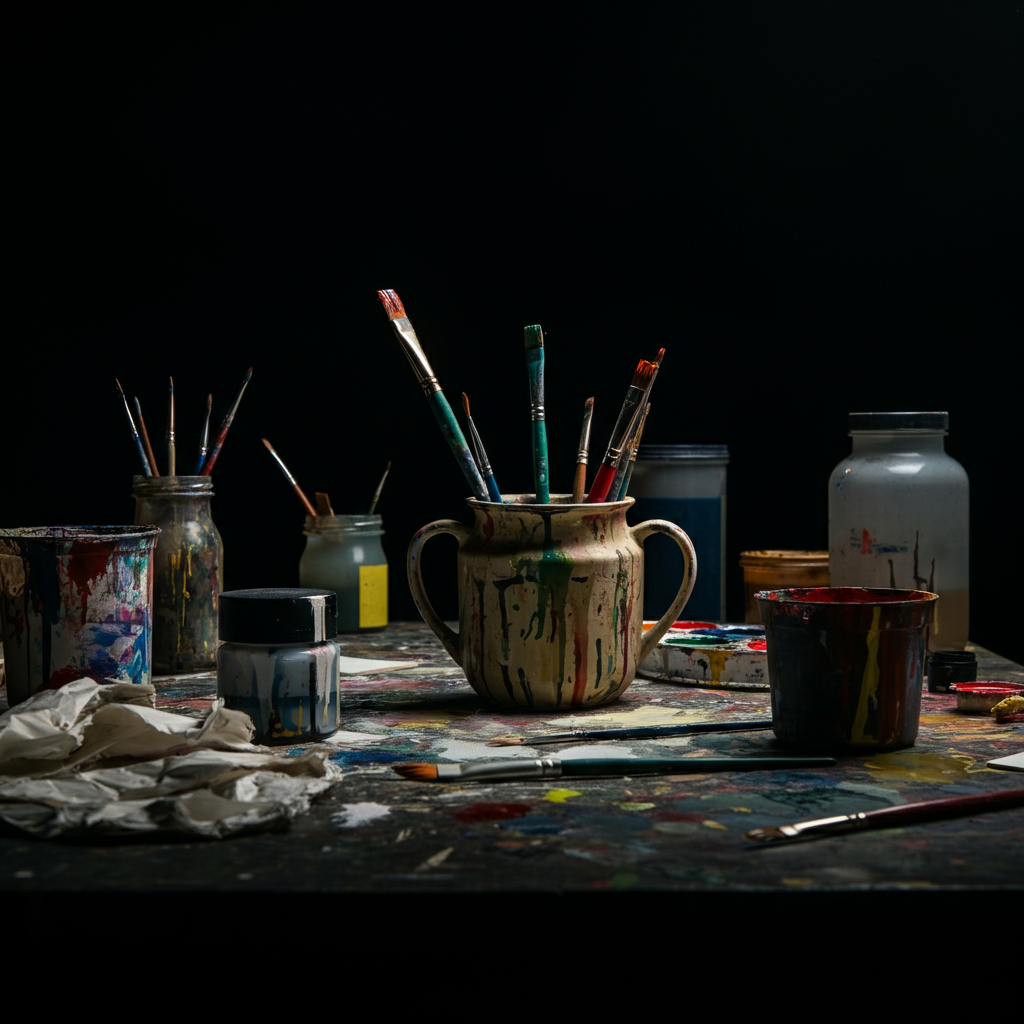 A slightly messy art studio table covered in splashes of paint and partially completed artwork. The lighting is diffused, creating a sense of creative energy and experimentation.