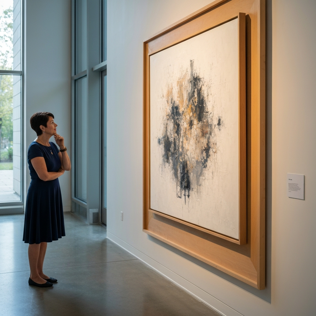 A person standing in an art gallery, thoughtfully observing a painting on the wall. The gallery is softly lit, with the artwork subtly illuminated.